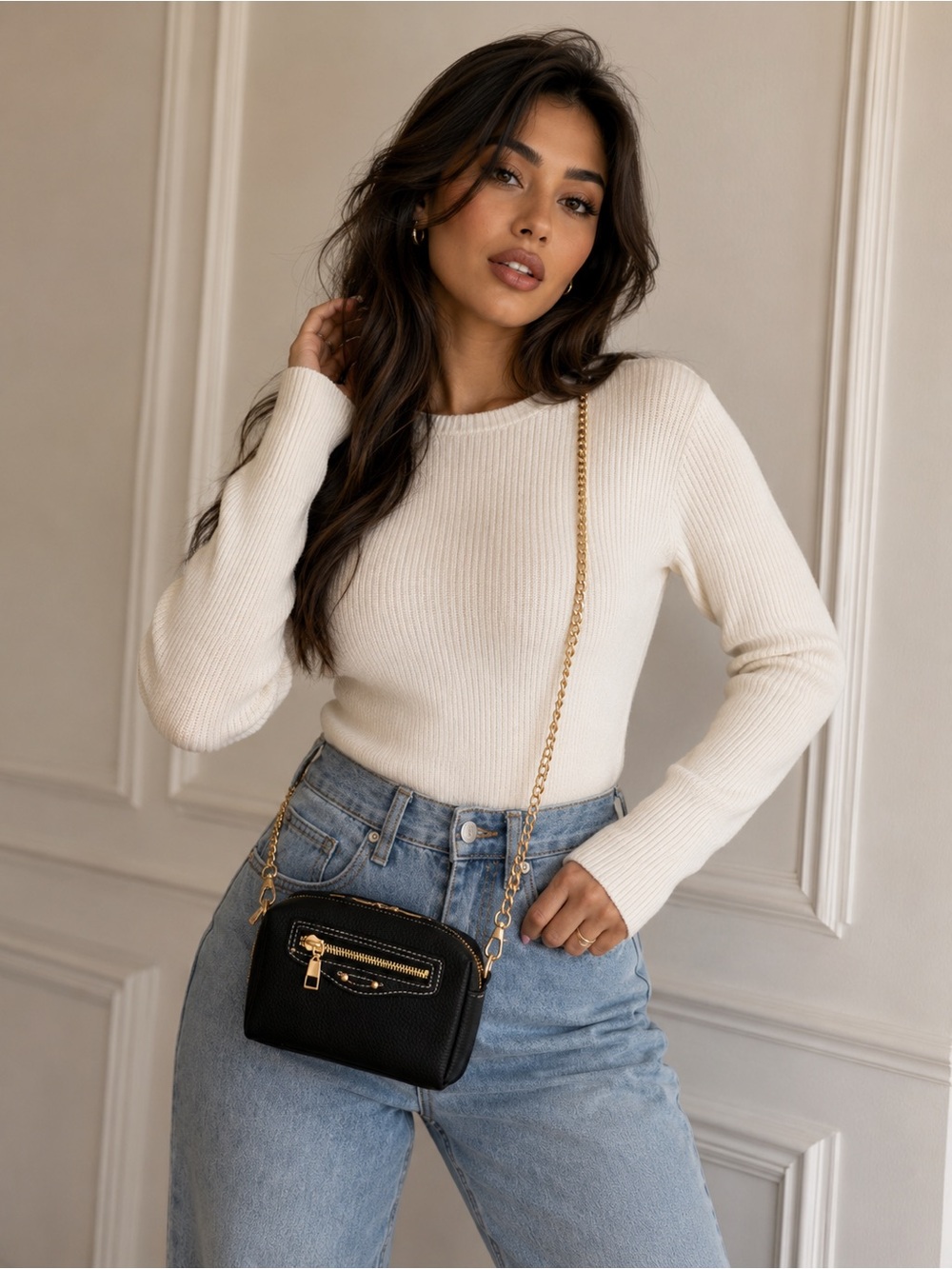 Cream Ribbed Long Sleeve Top